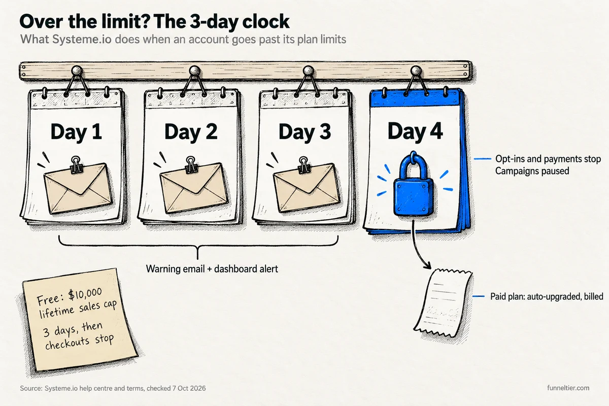Hand-drawn row of four calendar pages showing Systeme.io's over-limit process: days 1 to 3 each bring a warning email and a dashboard alert, and on day 4 a padlock marks the restriction, when opt-ins and payments stop and campaigns pause. A branch shows paid plans being auto-upgraded and billed. A sticky note adds that Free accounts have a $10,000 lifetime sales cap, with 3 days to upgrade before checkouts stop.
