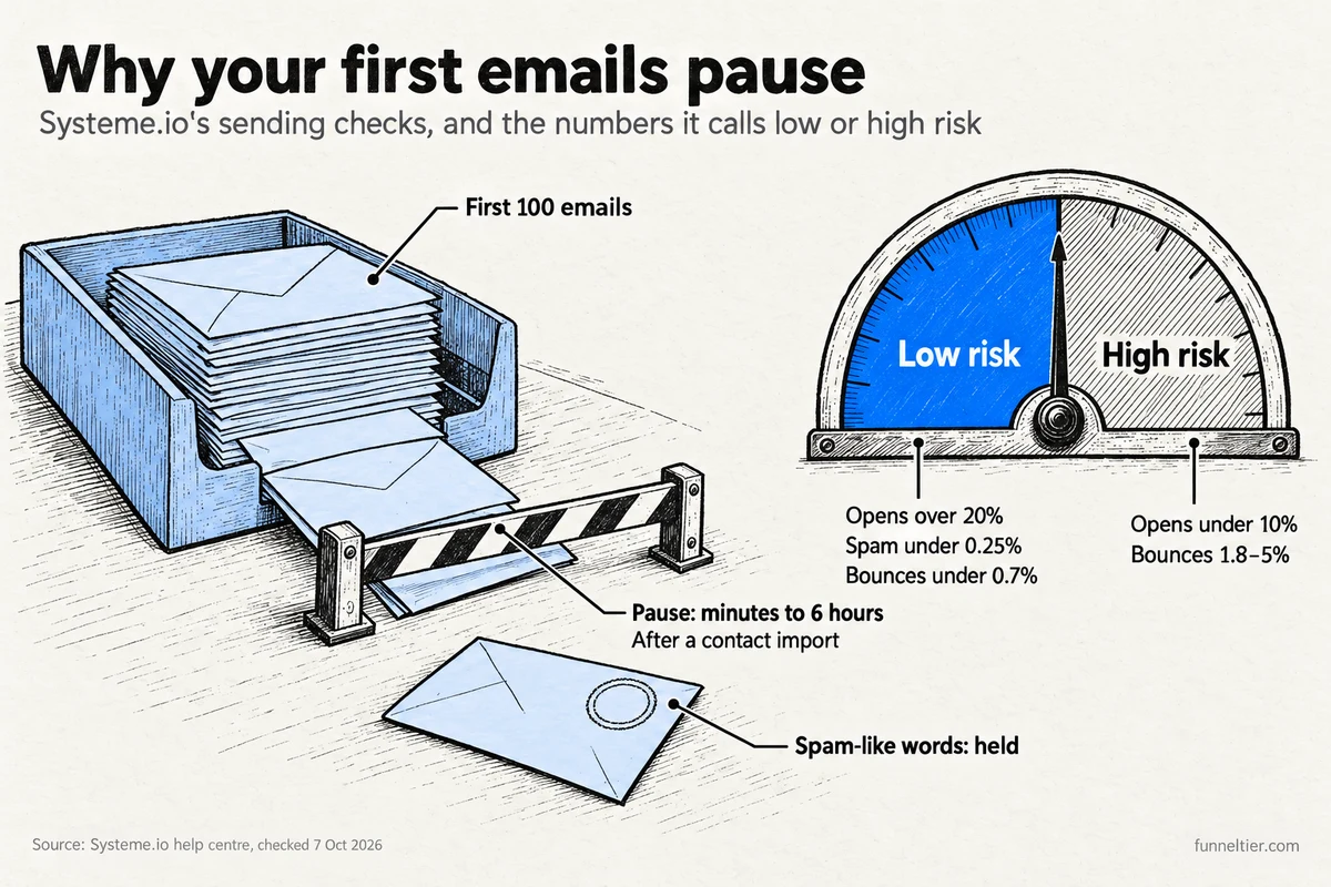 Hand-drawn mail tray and lowered gate explaining Systeme.io email pauses: the first 100 emails go out, then sending pauses for minutes to 6 hours; sending also pauses after a contact import, and spam-like words get an email held. A gauge shows the vendor's risk bands: low risk is opens over 20%, spam under 0.25% and bounces under 0.7%; high risk is opens under 10% and bounces of 1.8 to 5%.