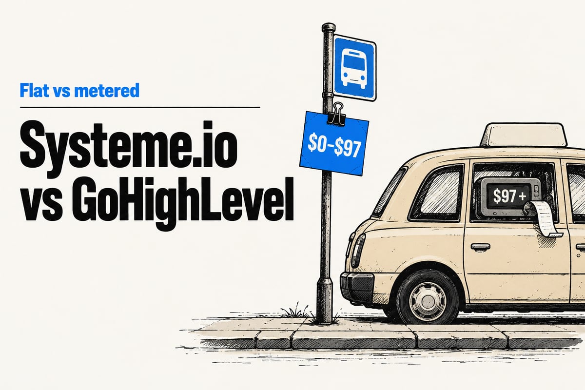 Editorial ink illustration of a bus stop with a blue monthly pass reading $0–$97 clipped to the stop sign, while a taxi waits at the kerb with its dashboard meter reading $97 + and a paper receipt curling out, beside the headline Systeme.io vs GoHighLevel.