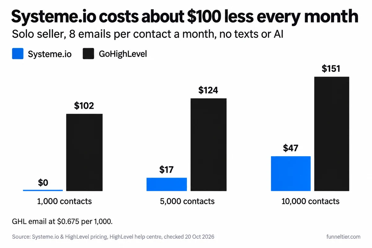 Bar chart of the monthly bill for a solo seller: at 1,000 contacts Systeme.io $0 vs GoHighLevel $102; at 5,000 contacts $17 vs $124; at 10,000 contacts $47 vs $151, with GoHighLevel email at $0.675 per 1,000.
