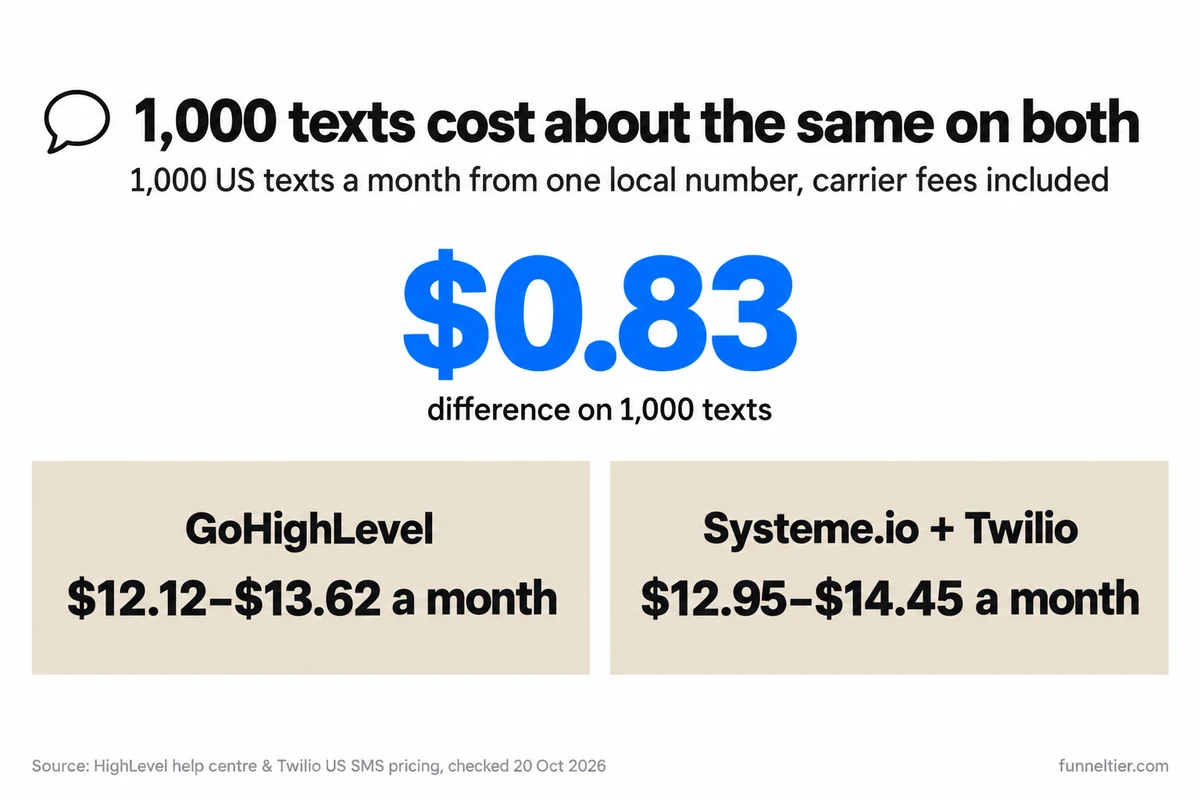 Big-number graphic: $0.83 is the whole difference on 1,000 US texts a month; GoHighLevel costs $12.12 to $13.62 and Systeme.io through Twilio $12.95 to $14.45, carrier fees and one local number included.