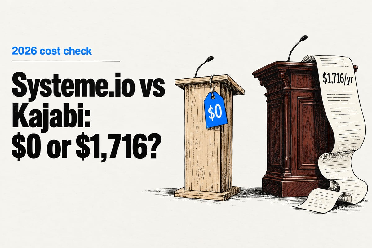 Ink illustration of two lecterns: a plain light-wood lectern with a blue $0 tag, and a grand mahogany lectern with a long receipt reading $1,716/yr curling to the floor, under the headline Systeme.io vs Kajabi: $0 or $1,716?